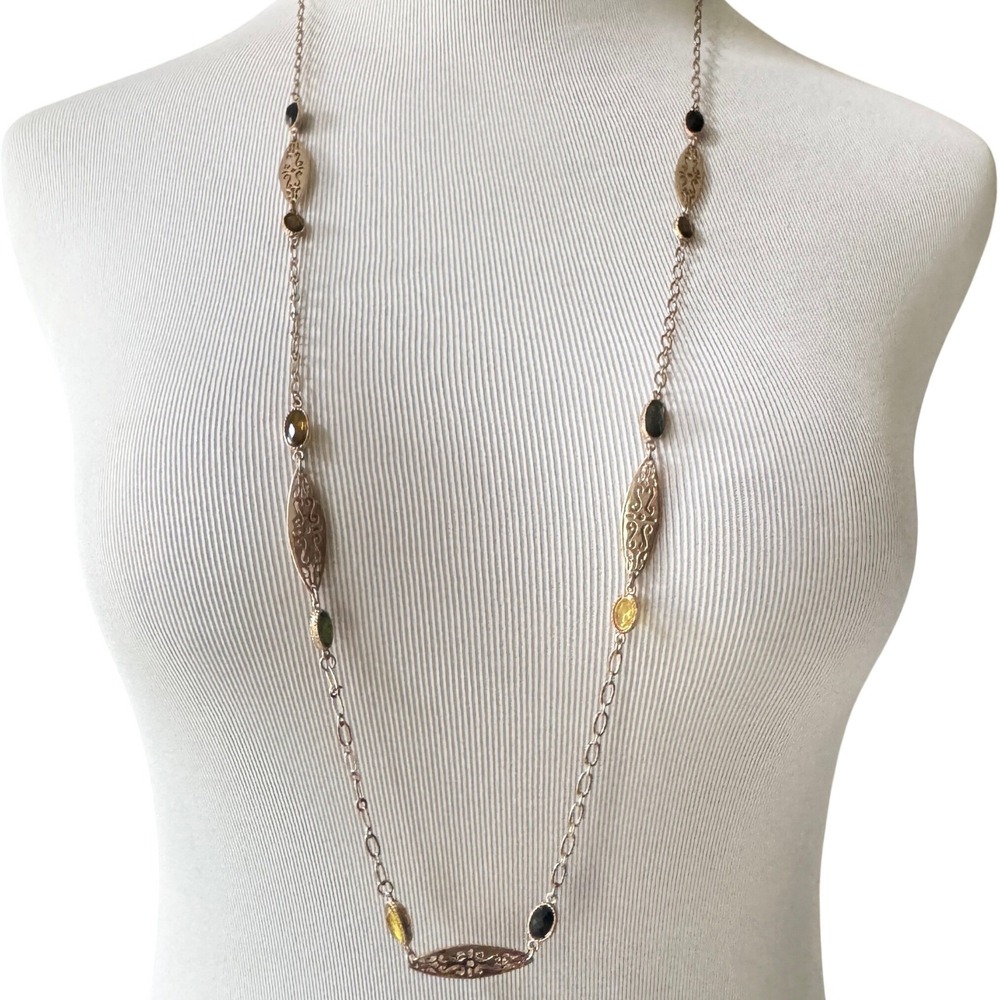 Vintage Cookie Lee Necklace Filigree Bezel Set Crystal Gold Tone Long Statement